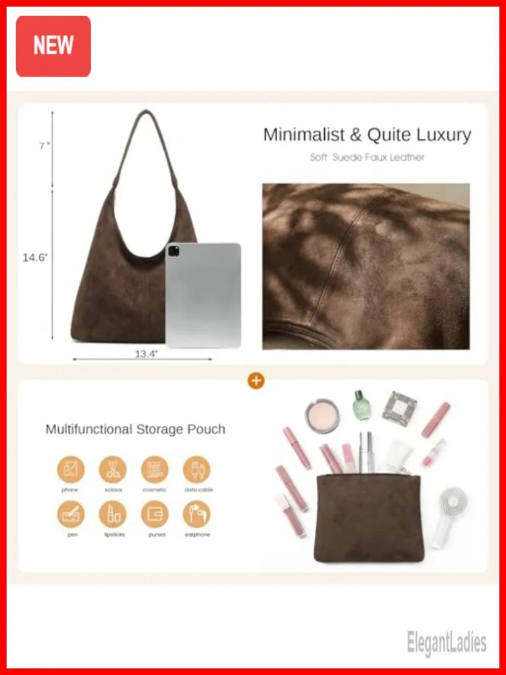 Faux Suede Hobo Bag Tote Shoulder Purse with Pouch